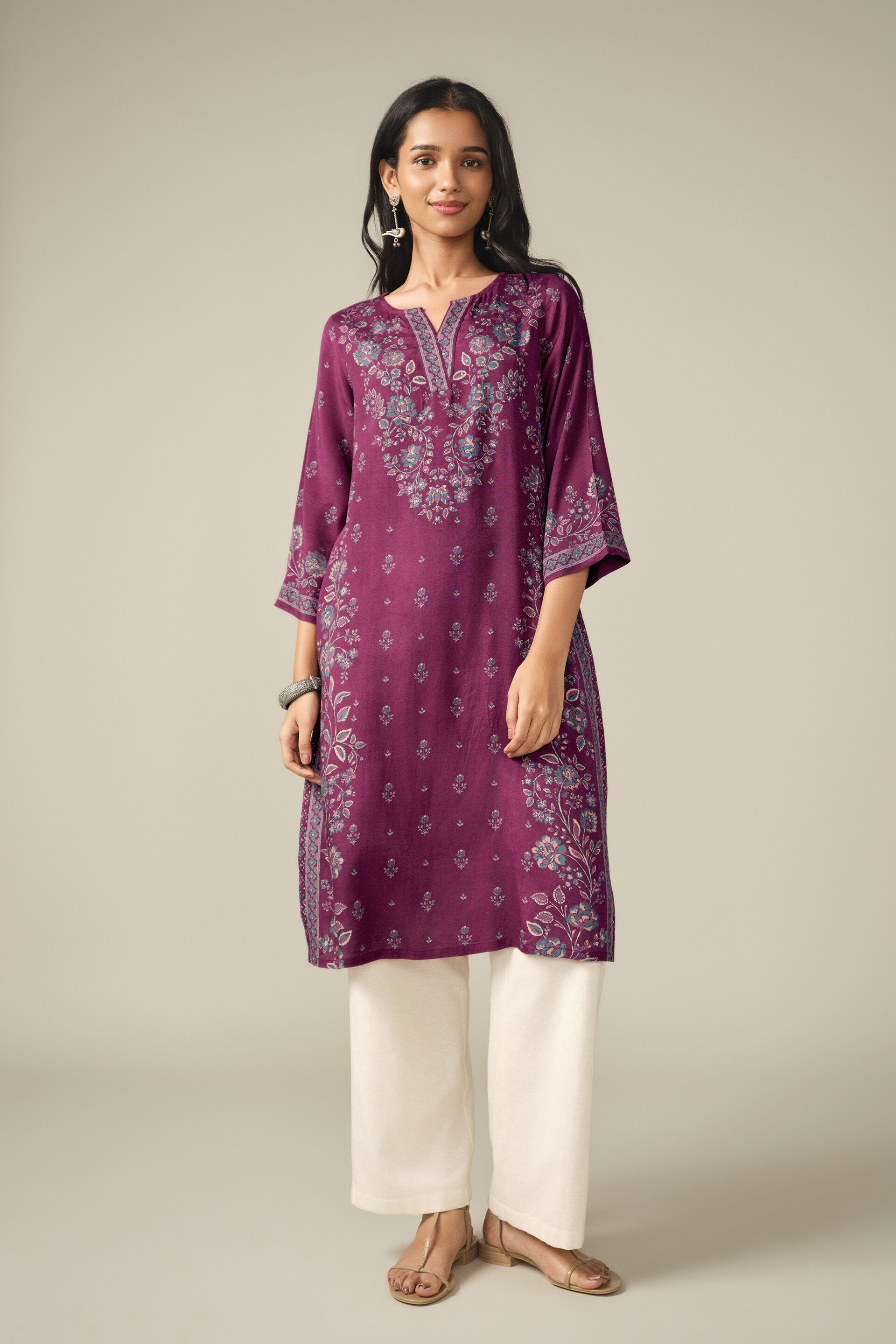 Floral Print Kurta in Wine, Wine, image 4